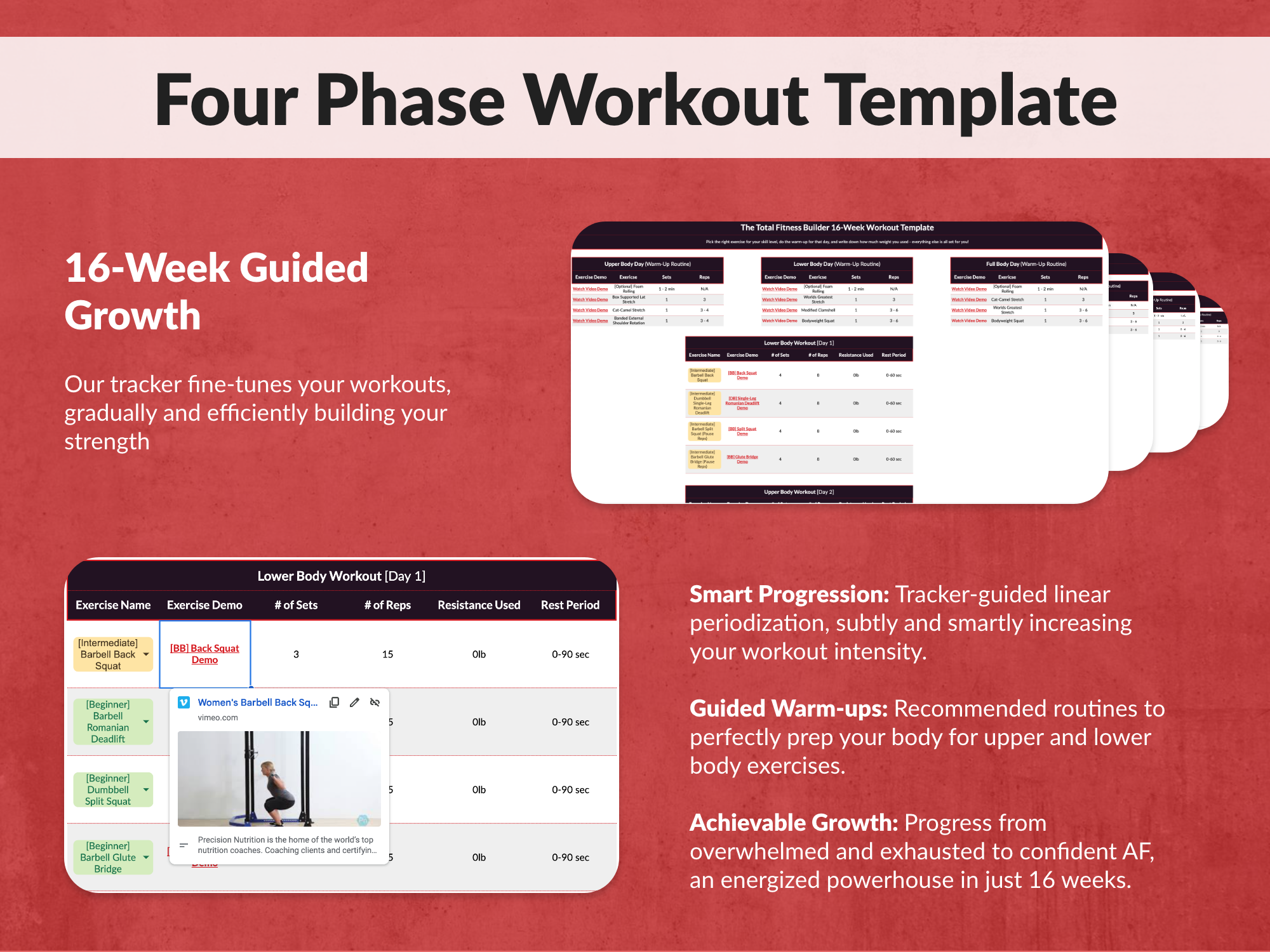 Preview of the Total Fitness Builder System with weekly plan, progress dashboard, nutrition, and warm-up guide